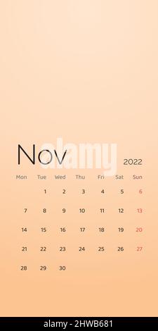 November 2022 Kalenderplaner für Vorlage Corporate Design Woche eingestellt beginnen am Montag. Vektor Stock Vektor