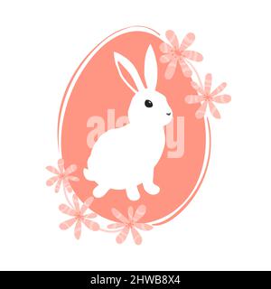 Hase im Osterei und rosa Blüten um Ei. Vektorgrafik. Stock Vektor