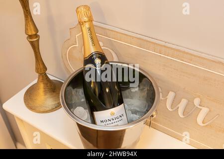 Eine Flasche Champagner in einem Eiskübel Stockfoto