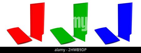 Drei RGB-Broschürendruckvorlagen rot, grün und blau für Präsentationslayouts und Design. 3D Rendern. Digital Generiertes Bild. Isoliert auf Weiß Stockfoto