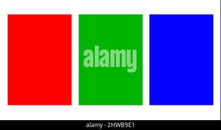 Drei RGB-Broschürendruckvorlagen rot, grün und blau für Präsentationslayouts und Design. 3D Rendern. Digital Generiertes Bild. Isoliert auf Weiß Stockfoto