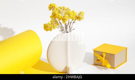 Immerwährende immortelle gelbe Blumen in minimalistischer weißer Keramikvase und gelber Geschenkbox mit Schleife über gelbem und weißem Hintergrund. Greetin Stockfoto