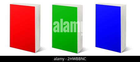 Drei RGB-Paperback-Bücher leere Vorlage rot, grün und blau für Präsentationslayouts und Design. 3D Rendern. Digital Generiertes Bild. Isoliert ein Stockfoto