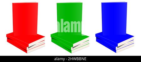 Drei RGB-Paperback-Bücher leere Vorlage rot, grün und blau für Präsentationslayouts und Design. 3D Rendern. Digital Generiertes Bild. Isoliert ein Stockfoto