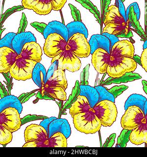 Nahtloser Hintergrund mit hübschen blauen und gelben Stiefmütterchen. Handgezeichnete Illustration Stock Vektor