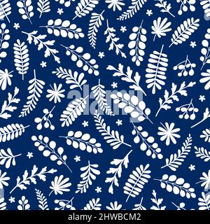 Schönes Muster in abstrakten Blüten und Blättern. Kleine niedliche einfache Frühlingsblumen. Stock Vektor