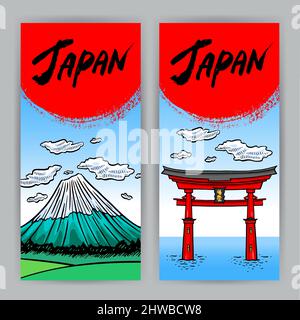 Zwei schöne vertikale Banner mit japanischen Attraktionen. Berg Fuji und Torii. Handgezeichnete Illustration Stock Vektor