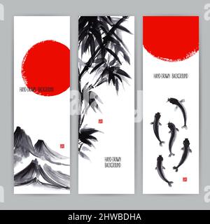 Drei schöne Banner mit japanischen Naturmotiven. Sumi-e. Handgezeichnete Illustration Stock Vektor