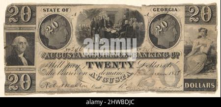 20 Dollar-Rechnung, ausgestellt von der Augusta Insurance & Banking Co., Augusta, Georgia im Jahr 1858 mit Gravuren der Unabhängigkeitserklärung nach Trumbull, Washington nach Stuart (?). Künstler: Unbekannt Stockfoto