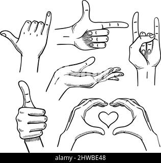 Verschiedene Gesten weiblicher Hände. Isoliert auf weißem Hintergrund. Vektorgrafik Stock Vektor