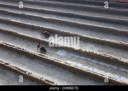 Im Munshigonj District, Bangladesch, arbeiten Arbeiter in einem Ziegelfeld, um Steine zu fertigen. Der Rohstoff des Ziegels ist Ton. Es gibt vier Schritte der Herstellung von Ziegeln. Dies sind die Vorbereitung von Ziegelteinen, das Formen von Ziegelsteinen, das Trocknen von Ziegelsteinen im Sonnenlicht und das Brennen von Ziegelsteinen. Ein Ziegel wiegt 5 Pfund. Normalerweise werden Steine für jede Art von Bauarbeiten verwendet. In diesen Bildern machen Arbeiter Ziegelsteine aus Lehm und trocknen im Sonnenlicht. Nach Abschluss des Trocknungsprozesses werden diese Steine durch Brennen im Feuer hergestellt. (Foto von Syed Mahabubul Kader/Pacific Press) Stockfoto