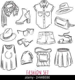 Set aus verschiedenen weiblichen Kleidungsstücken und Accessoires. Handgezeichnete Illustration Stock Vektor