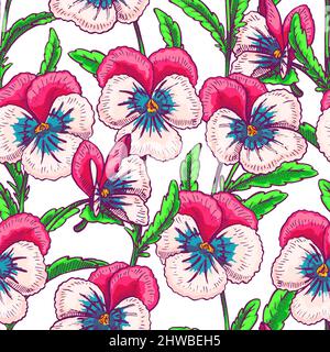 Nahtloser Hintergrund mit hübschen rosa Stiefmütterchen. Handgezeichnete Illustration Stock Vektor