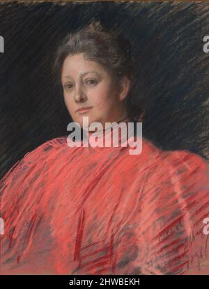 Porträt von Frau Abbey in rosa Kleid, Taillenlänge. Künstler: Edwin Austin Abbey, amerikanisch, 1852–1911, M.A. (HON.) 1897 Stockfoto