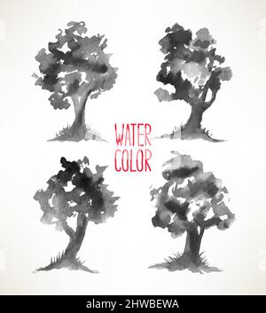 Set mit vier schönen grauen Aquarellbäumen. Handgezeichnete Illustration Stock Vektor