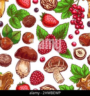 Niedliche nahtlose Hintergrund mit bunten reifen Beeren, Nüsse und Pilze. Handgezeichnete Illustration Stock Vektor