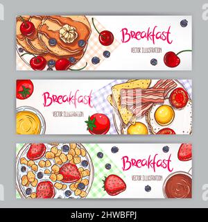 Set mit drei Bannern verschiedener Frühstücksarten. Handgezeichnete Illustration Stock Vektor