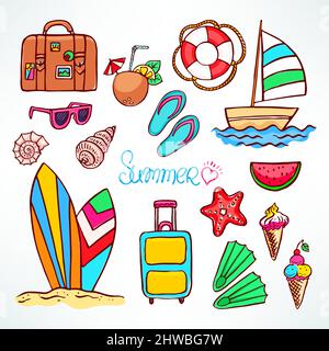 Urlaub. Set von Sommer bunten Symbolen. Handgezeichnete Abbildung Stock Vektor