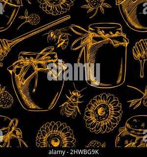 Nahtloser Hintergrund von Honiggläsern, Bienen, Blumen. Handgezeichnete Illustration Stock Vektor