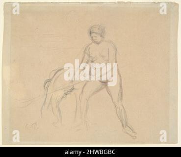 Studie von zwei weiblichen Figuren (recto); weibliche Figur in einer Landschaft (verso). Künstler: Camille Pissarro, Französisch, 1830–1903 Stockfoto