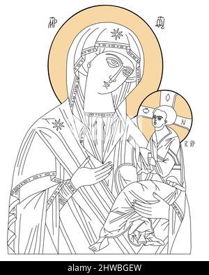 Orthodoxe Ikone der Heiligen Mutter, Gottesmutter Königin des Himmels mit dem göttlichen Sohn Jesus Christus Kind. Symbol Der Jungfrau Maria-Direktorin. Lineare Handzeichnung. Stock Vektor