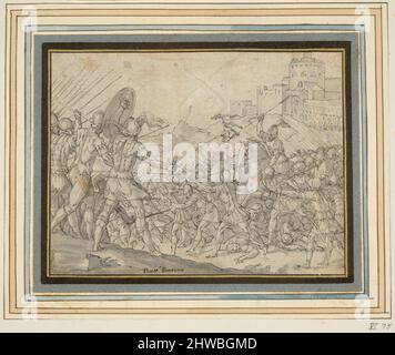 Romulus kämpft gegen die Sabines und bittet Jupiter um Hilfe. Künstler: Unbekannt nach: Giovanni Battista Fontana, italienisch, um 1524–1587 Stockfoto