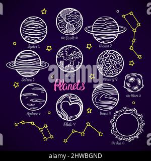 Set mit den Planeten des Sonnensystems und den Konstellationen auf dunklem Hintergrund. Handgezeichnete Illustration Stock Vektor