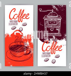 Zwei schöne Banner mit Mühle und Tasse Kaffee. Handgezeichnete Illustration Stock Vektor
