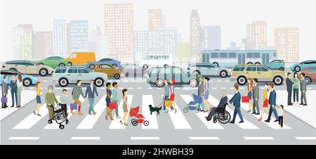 Stadtbild mit Familien auf dem Fußgängerweg und Straßenverkehr, Illustration Stock Vektor