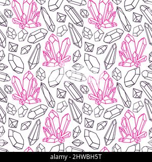 Schönes nahtloses Muster aus rosa und schwarzen Kristallen und Edelsteinen. Handgezeichnete Illustration Stock Vektor