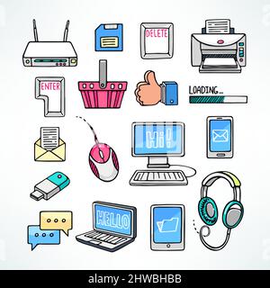 Niedliche Satz von Computer-Symbole auf weißem Hintergrund. Handgezeichnete Illustration Stock Vektor