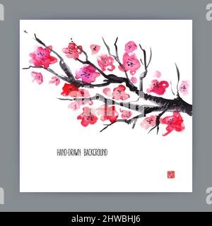 Schöne handgezeichnete Illustration mit japanischen Naturmotiven. Blühende rosa Sakura. Sumi-e Stock Vektor