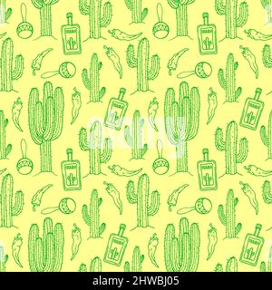 Nahtlose mexikanische Hintergrund von Kakteen, Flaschen Tequila und Maracas. Handgezeichnete Illustration Stock Vektor