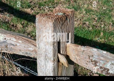 Detail der Holzeinzäunung von Pfosten und Schiene mit Fugen Stockfoto