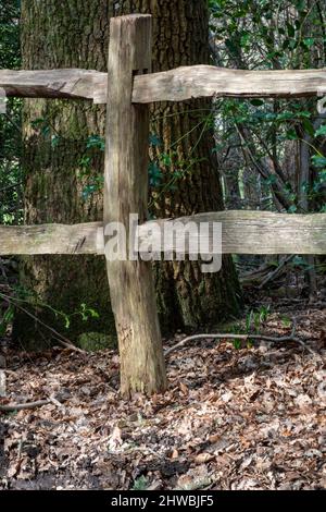 Detail der Holzeinzäunung von Pfosten und Schiene mit Fugen Stockfoto