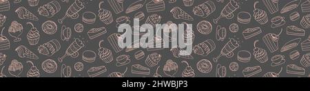 Nahtloses Muster mit süßen Dessertkritzeln. Handgezeichnete Kuchen auf dunklem Hintergrund. Vektorgrafik. Stock Vektor