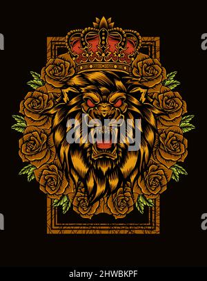 Illustration Vektor Löwe König mit Rose Blume Stock Vektor