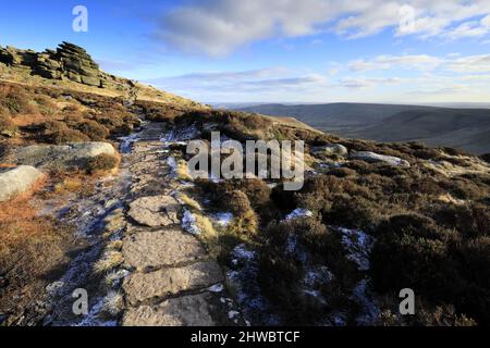 Pym Chair Rock Formation auf Kinder Scout, Pennine Way, Peak District National Park, Derbyshire, England, Großbritannien Stockfoto