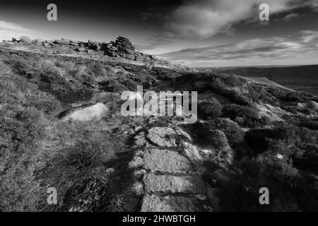 Pym Chair Rock Formation auf Kinder Scout, Pennine Way, Peak District National Park, Derbyshire, England, Großbritannien Stockfoto