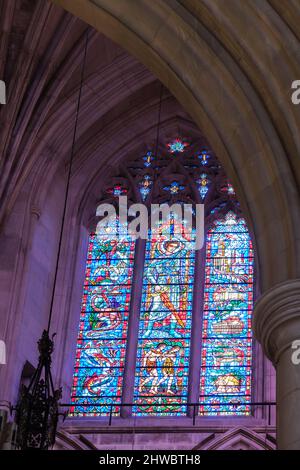 National Cathedral, Washington, DC, USA. Buntglasfenster „will of man“. Gabriel in der Mitte, Adam und Eva unten, Dinosaurier links. Stockfoto