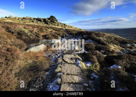 Pym Chair Rock Formation auf Kinder Scout, Pennine Way, Peak District National Park, Derbyshire, England, Großbritannien Stockfoto