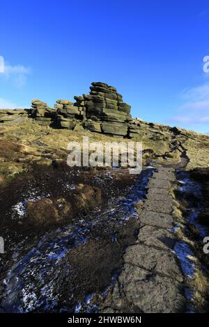 Pym Chair Rock Formation auf Kinder Scout, Pennine Way, Peak District National Park, Derbyshire, England, Großbritannien Stockfoto