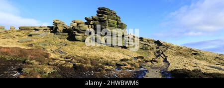 Pym Chair Rock Formation auf Kinder Scout, Pennine Way, Peak District National Park, Derbyshire, England, Großbritannien Stockfoto