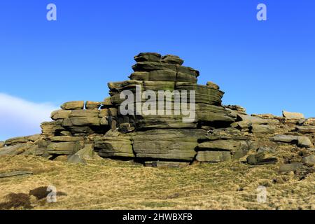 Pym Chair Rock Formation auf Kinder Scout, Pennine Way, Peak District National Park, Derbyshire, England, Großbritannien Stockfoto