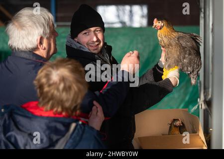 Volkenroda, Deutschland. 05. März 2022. Der Geflügelhändler Christoph Rolf zeigt Interessenten sein Sortiment auf dem Nutztier- und Bauernmarkt im Kloster Volkenroda. Rund 50 Händler boten ihre Waren rund um Hof und Garten auf dem ersten Markt der Saison an. Quelle: Michael Reichel/dpa-Zentralbild/ZB/dpa/Alamy Live News Stockfoto