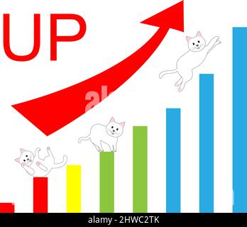 Pfeil zeigt die Statistik mit Fortschrittsbalken und weißen Katzen klettern Stockfoto