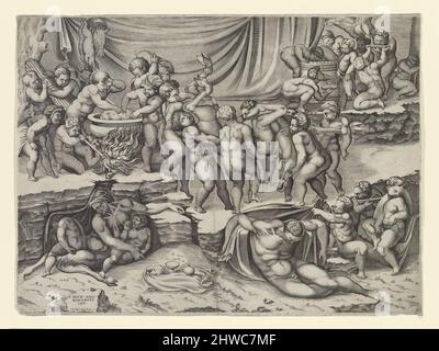 Putti mit einem Hirsch (Putto Bacchanal). Künstler, Kopie nach: Nicolas Beatrizet, französisch, 1507/15-ca. 1565 Künstler, Kopie nach: Enea Vico, italienisch, 1523–1567After: Michelangelo Buonarroti, italienisch, Florenz, 1475–1564Publisher: Antoine Lafréry, Italienisch, 1512–1577 Stockfoto