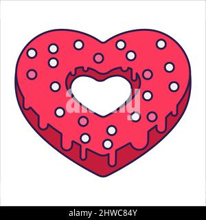 Retro Valentinstag Icon Donut Herz in Herzform. Liebessymbol im modischen Pop-Line-Art-Stil. Die süßen Schokoladenherzen sind zartrosa, rot, Stock Vektor