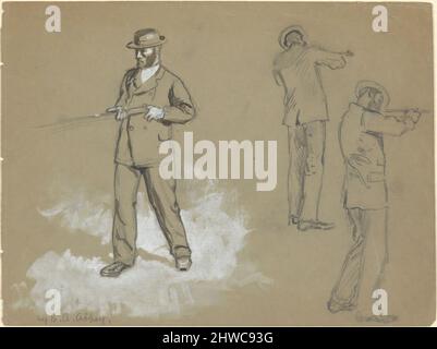 Drei Skizzen eines Mannes mit einer Waffe (recto); Figurstudien und Porträt von A. S. Wina (?) (verso). Künstler: Edwin Austin Abbey, amerikanisch, 1852–1911, M.A. (HON.) 1897 Stockfoto