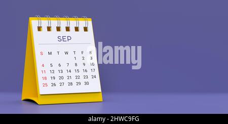 Monatsspirale Desktop Kalender 2022 Vorlage: 2022. September 3D gerenderte Datumsplanerseite auf blauem sehr Peri Hintergrund mit Kopierraum. Set mit 12 Stockfoto